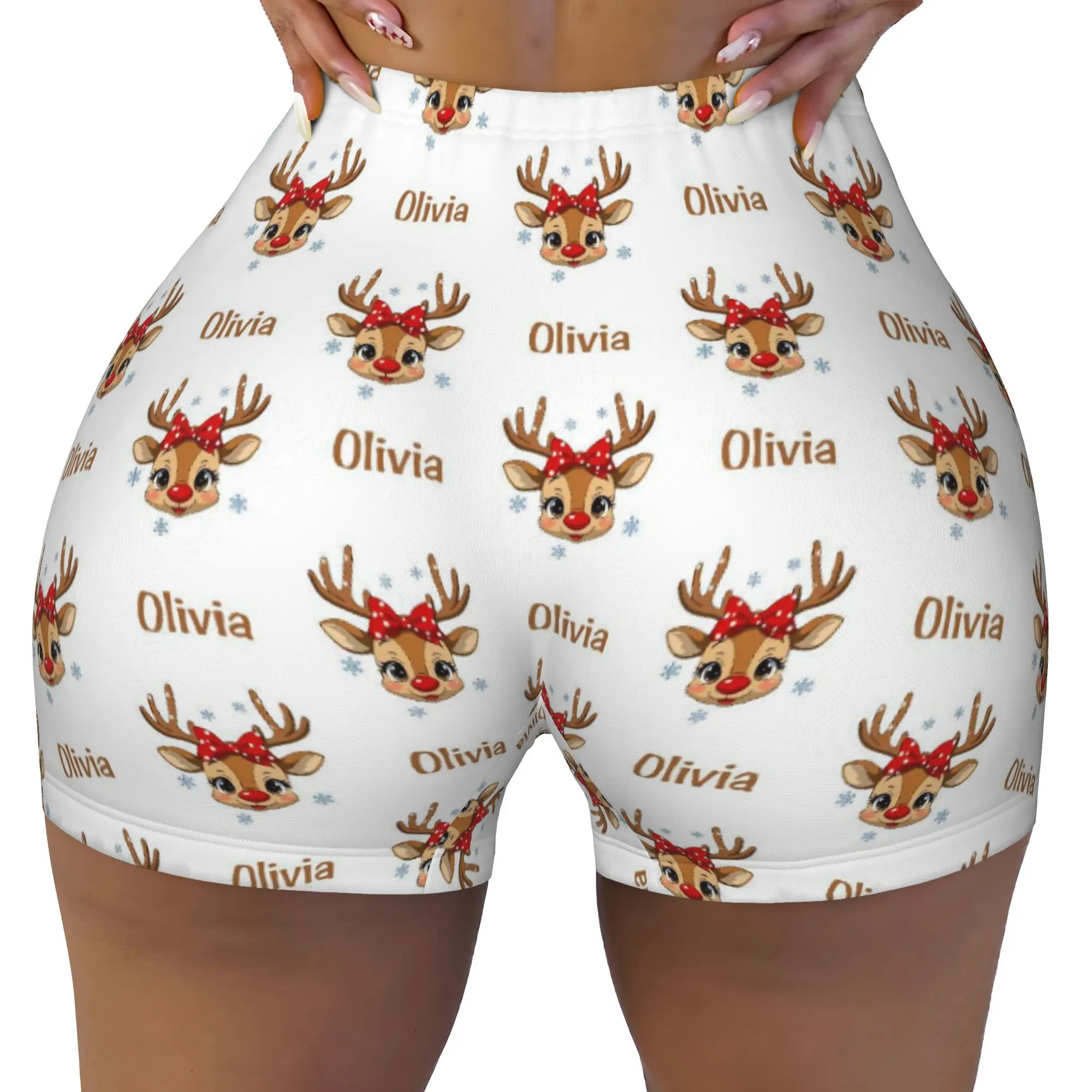 Custom Christmas Women'S Sports Shorts with Text, Personalized Elk Santa Hat Black Cat Santa Claus Printing Women'S Yoga Shorts