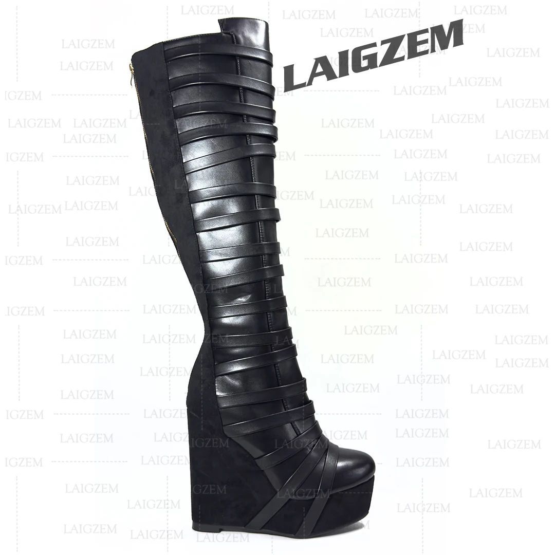 BERZIMER SUPER Women Knee High Boots Platform Wedges Patchwork Boots Back Zip Ladies Shoes Woman Large Size 43 44 45 46 52