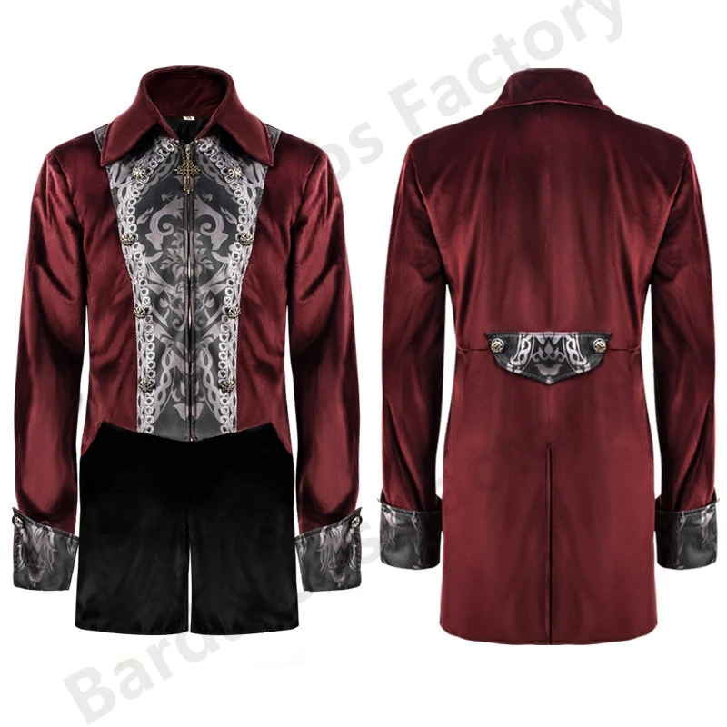 Adult Men Victorian Medieval Coat Punk Tuxedo Halloween Cosplay Costume Tailcoat Gothic Steampunk Trench Vest Outfit Overcoat