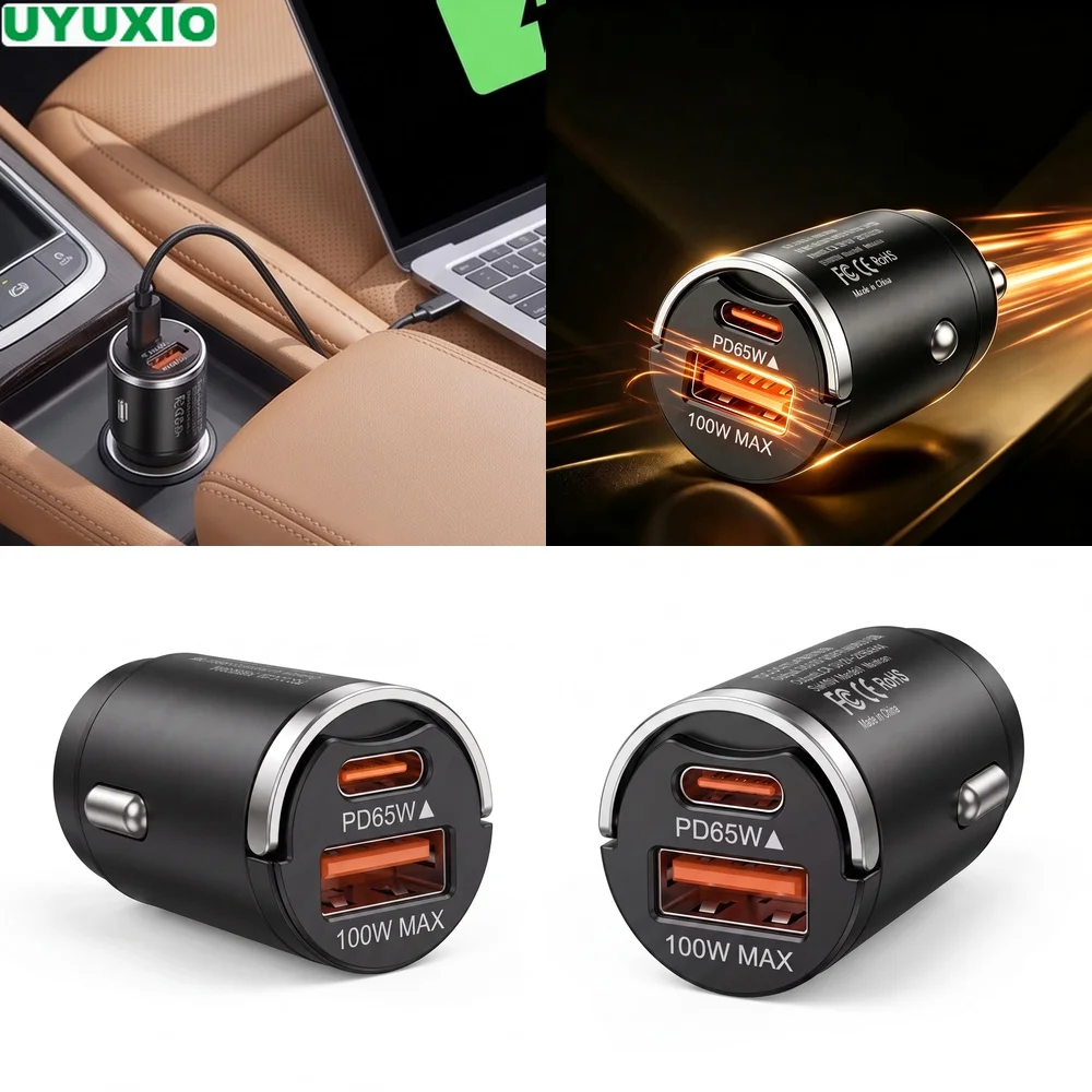165W Travel Car Charger Dual Output 65W USB C 100W USB A Charging Heat Resistant Zinc Alloy Body for Phones Tablets and Laptops