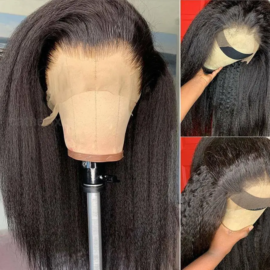 Glueless Soft 28 inch 200% Density Natural Black Long Yaki Kinky Straight Lace Front Wig For Women With Baby Hair Preplucked