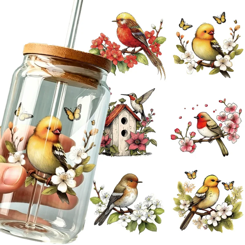 6Pcs Cute Bird Flower Butterfly UV DTF Cup Wraps, 16oz Glass Waterproof Stickers, Spring Floral Transfer Decals for DIY Craft