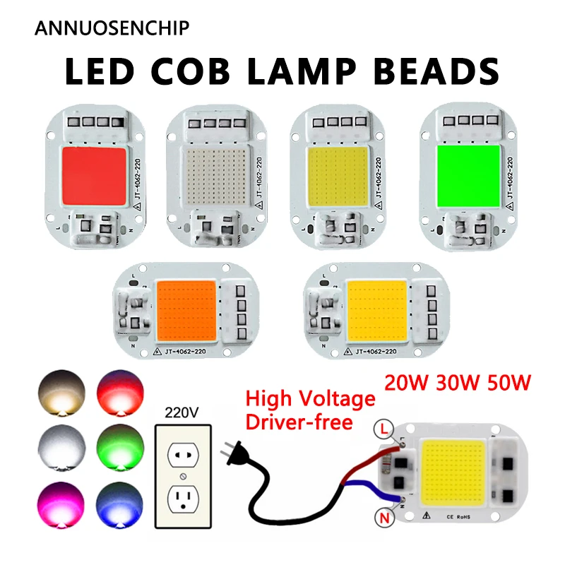 LED COB Lamp Beads 20W 30W 50W High Voltage Driver-Free AC 110V 220V Anti-Surge Full Spectrum Chip For Plant Growth Flood Light