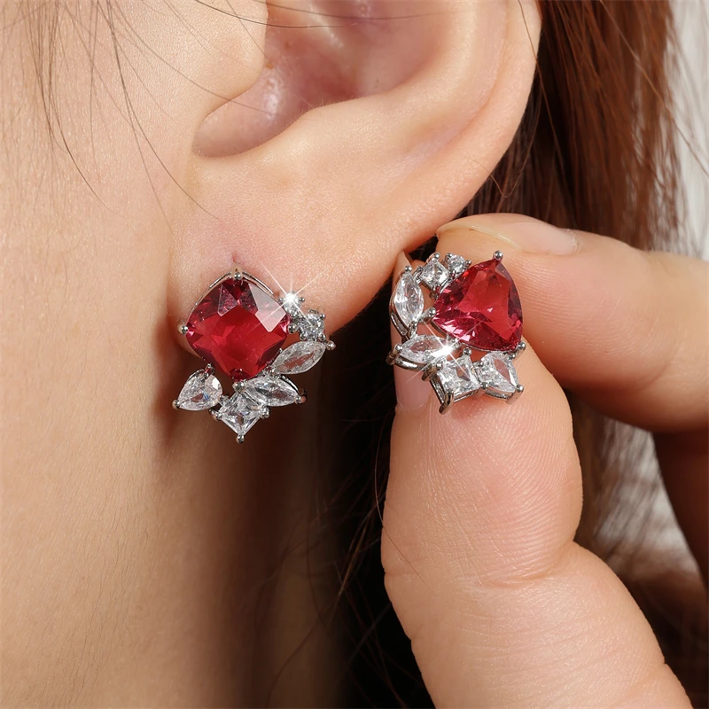 ZAKOL Fashion Geometric Red Zirconia Stud Earrings for Women Shiny CZ Flower Earring Bridal Wedding Party Jewelry