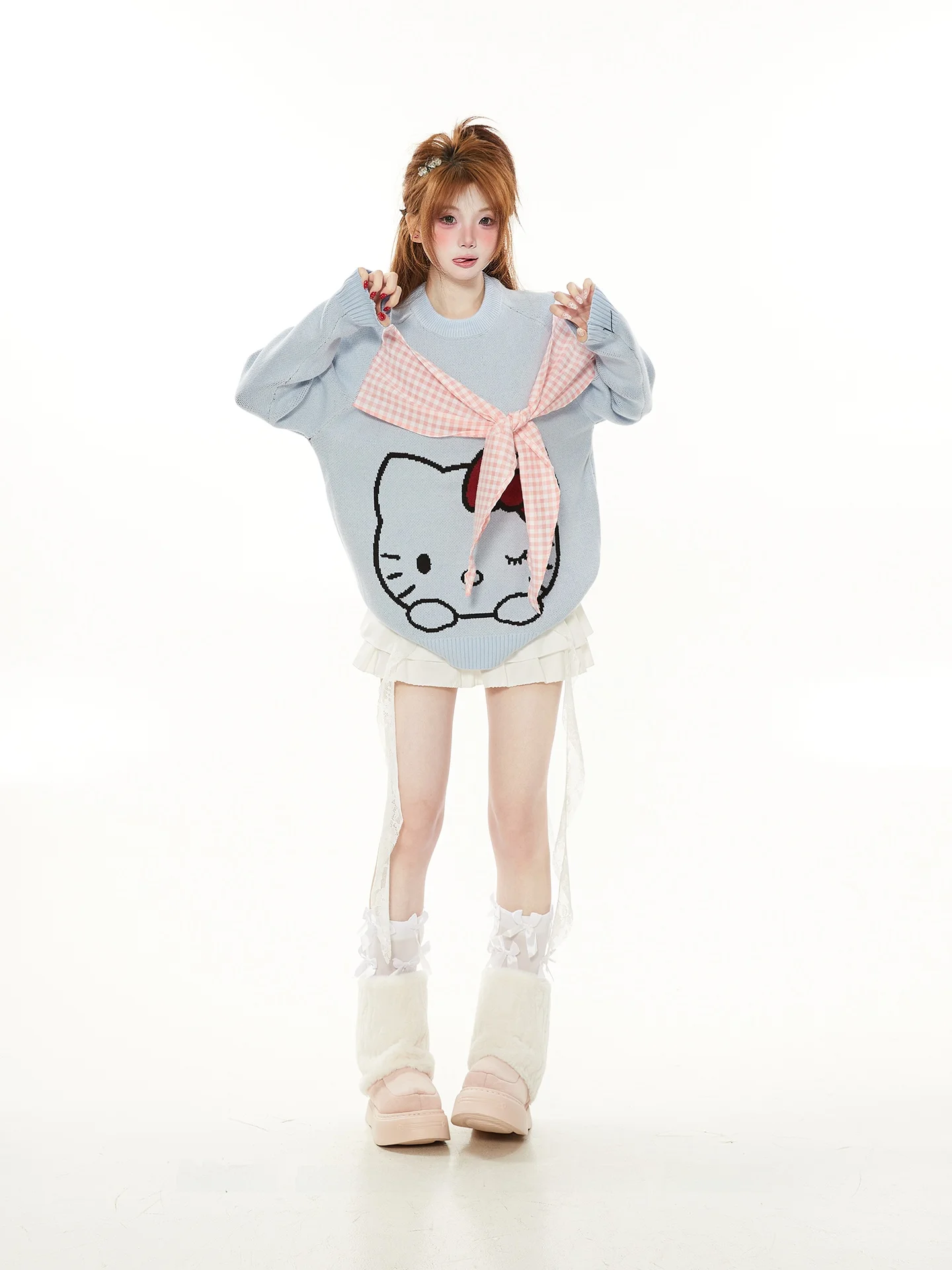 

Шикарный вязаный свитер в клетку с эффектом двухслойности и вышивкой, женский, весна-осень, милый, модный топ