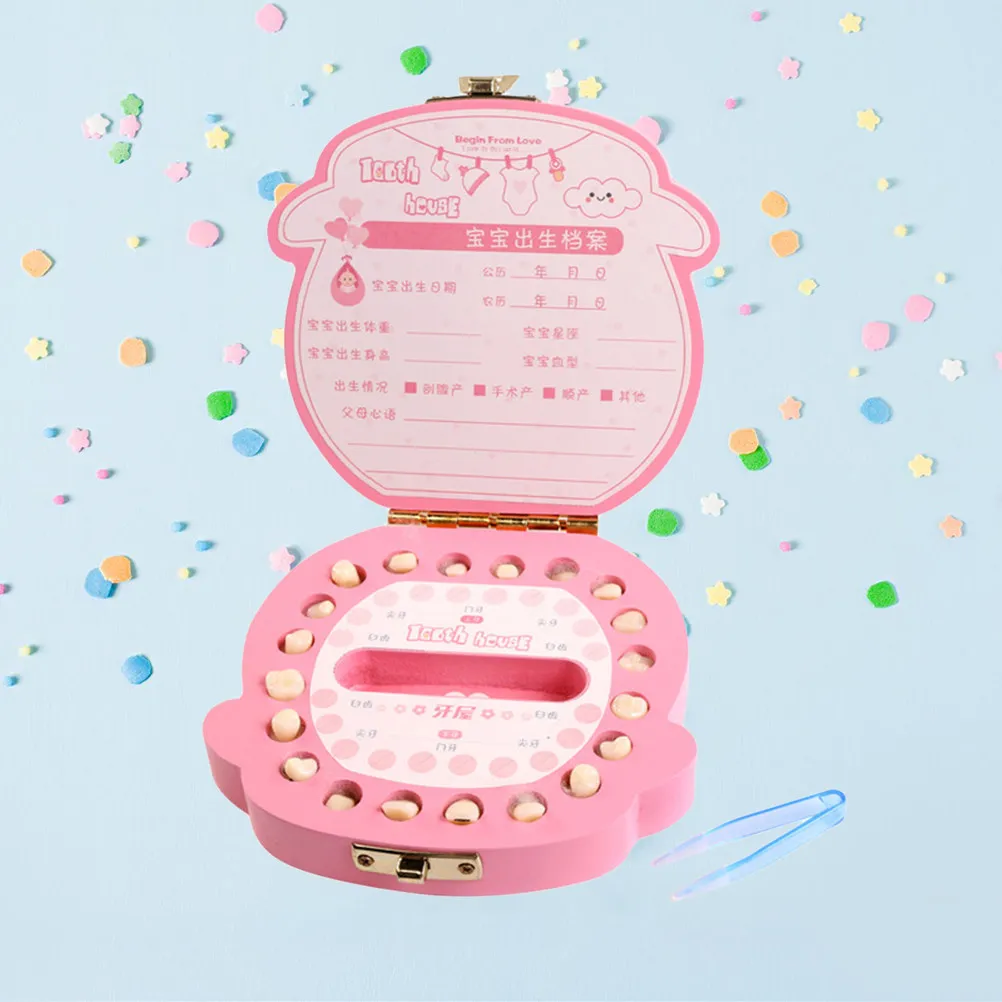 Baby Teeth Box Wooden Pink Creative Keepsake Storage Container Baby Teeth Save Box Souvenir Long-Term Dental Preservation Gift