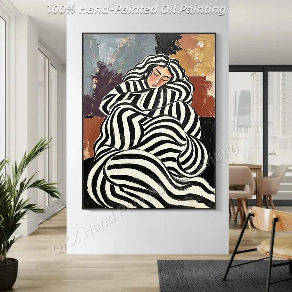 Abstract Oil Painting 100% Handmade Large Striped Sleeping Woman Original Wall Art Textured Canvas for Living Room Decor