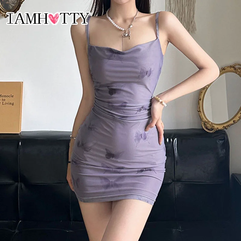 IAMHOTTY Korean Style Butterfly Print Mesh Dress Women Harajuku Bodycon Sleeveless Mini Dress Slim-fit Sundress Holiday Party