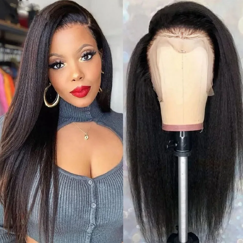 

Yaki Straight Lace Frontal Wigs Brazilian Human Hair Kinky Straight Wig with Baby Hair 13x4 Transparent Lace Front Wig for Women