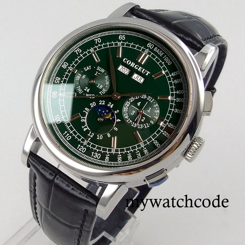 Corgeut Groen/Roze/Wit/Zwart/Blauw 42Mm Multifunctionele ST1655 Gepolijst Automatische Heren Horloge Lederen band