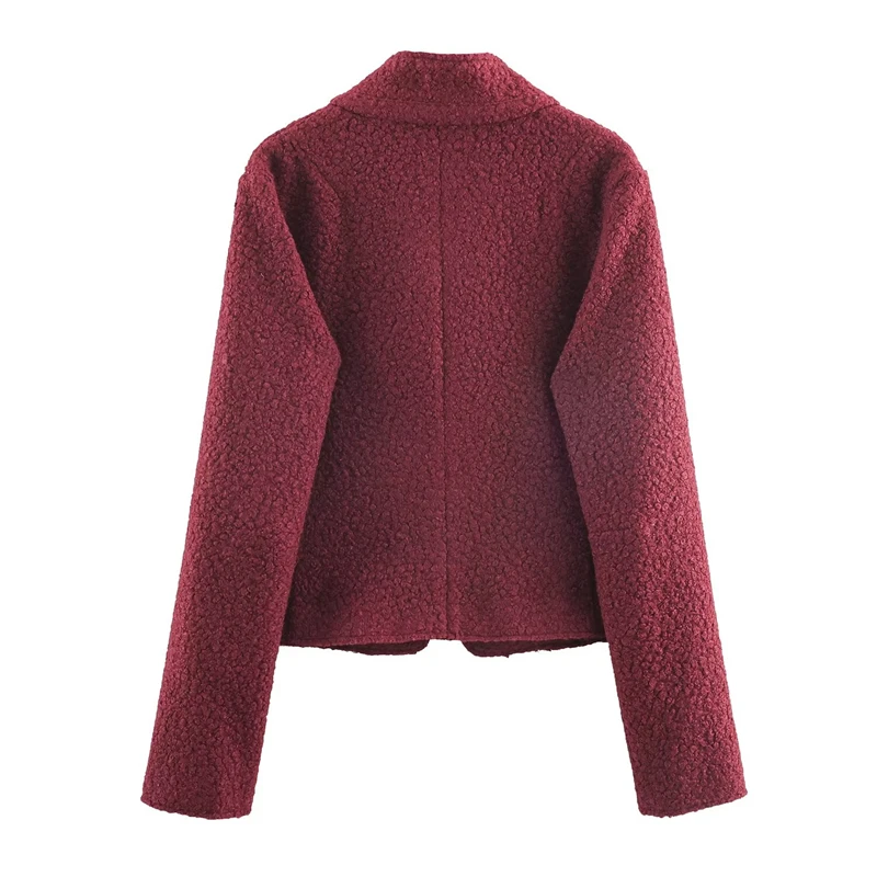 2025 NEW High-Quality Fashion Burgundy Cropped Jacket with Flap Pockets, Perfect for Layering Textured Knit Blazer for Women