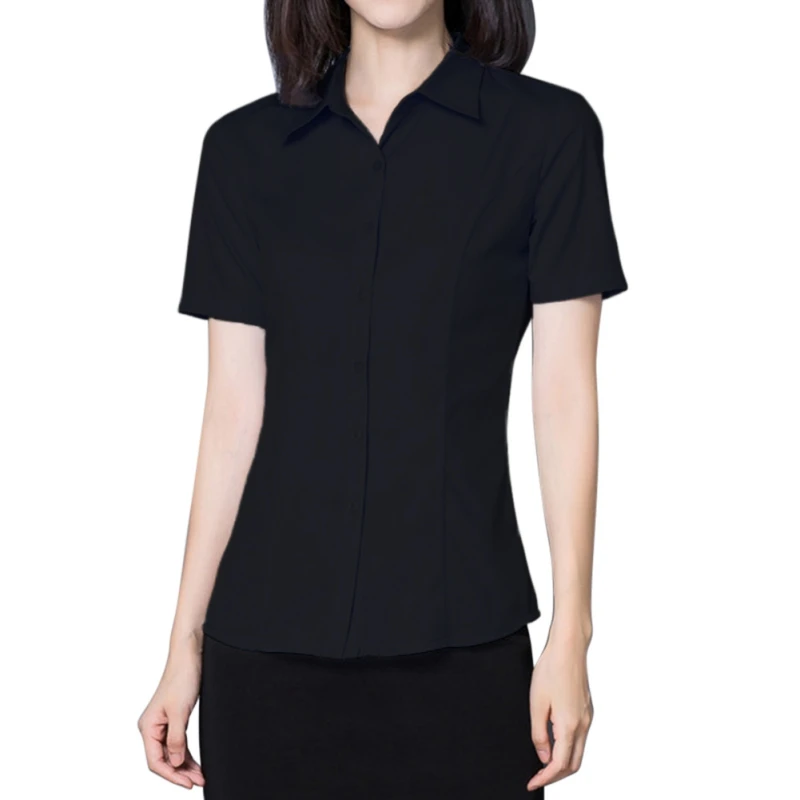 Classic-Fit Tops Women\'s Office Work Shirts Lapel Collared Blouse Short Sleeve Ladies Business Blouses Summer