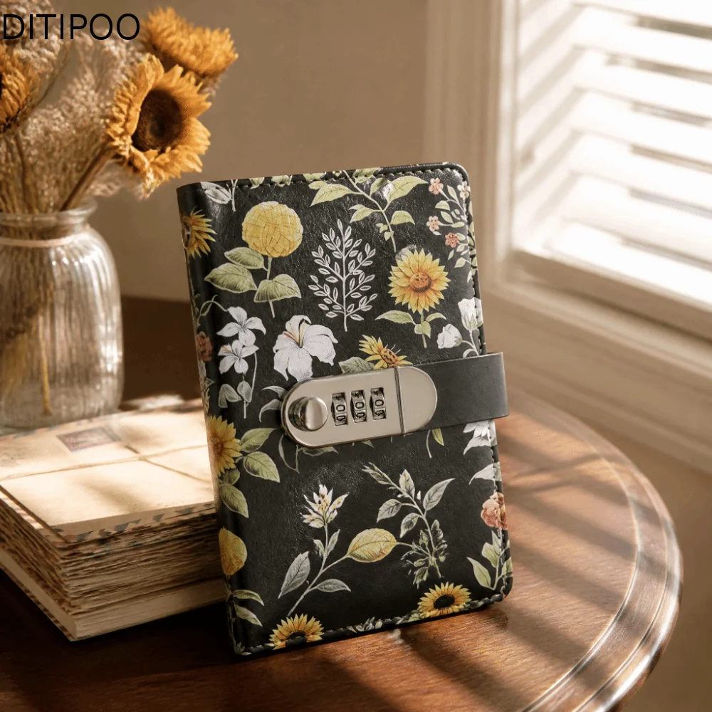 Large Capacity Sunflower Print Budget Binder Double-sided Vintage Floral Money Organizer 3 Digit Password Lockable Cash Envelope