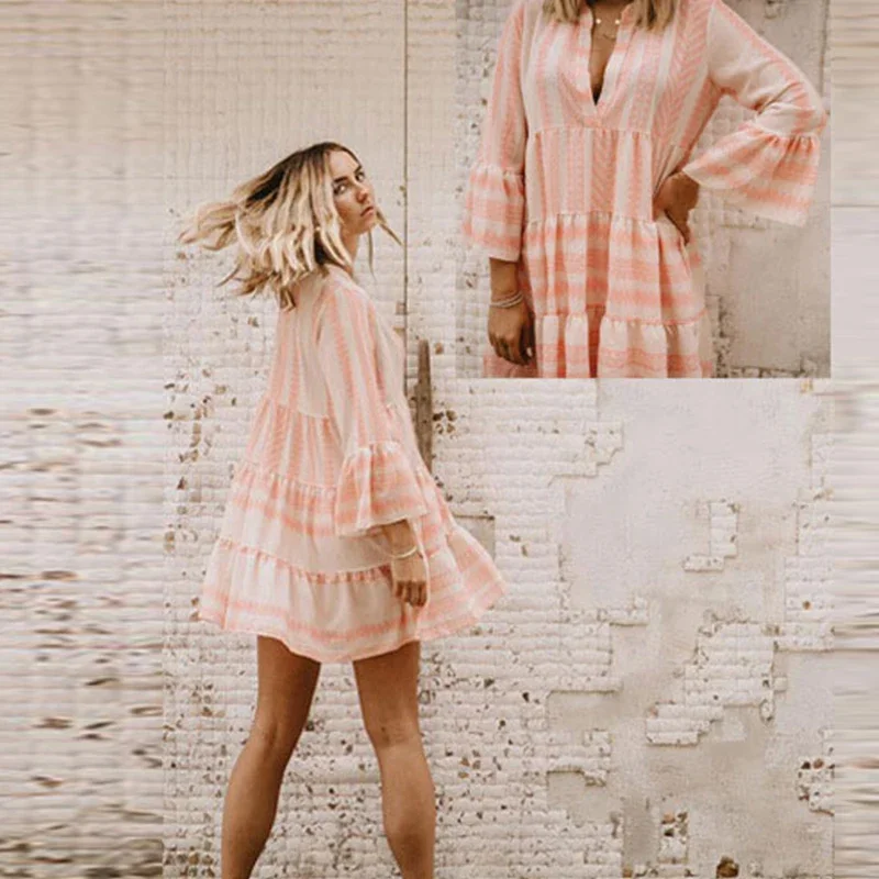 Boho Dress for women Casual Loose Striped Mini Dresses Mini Women 2025 Bohemian Short Beach Dress V-Neck Sundress Femme Vestido