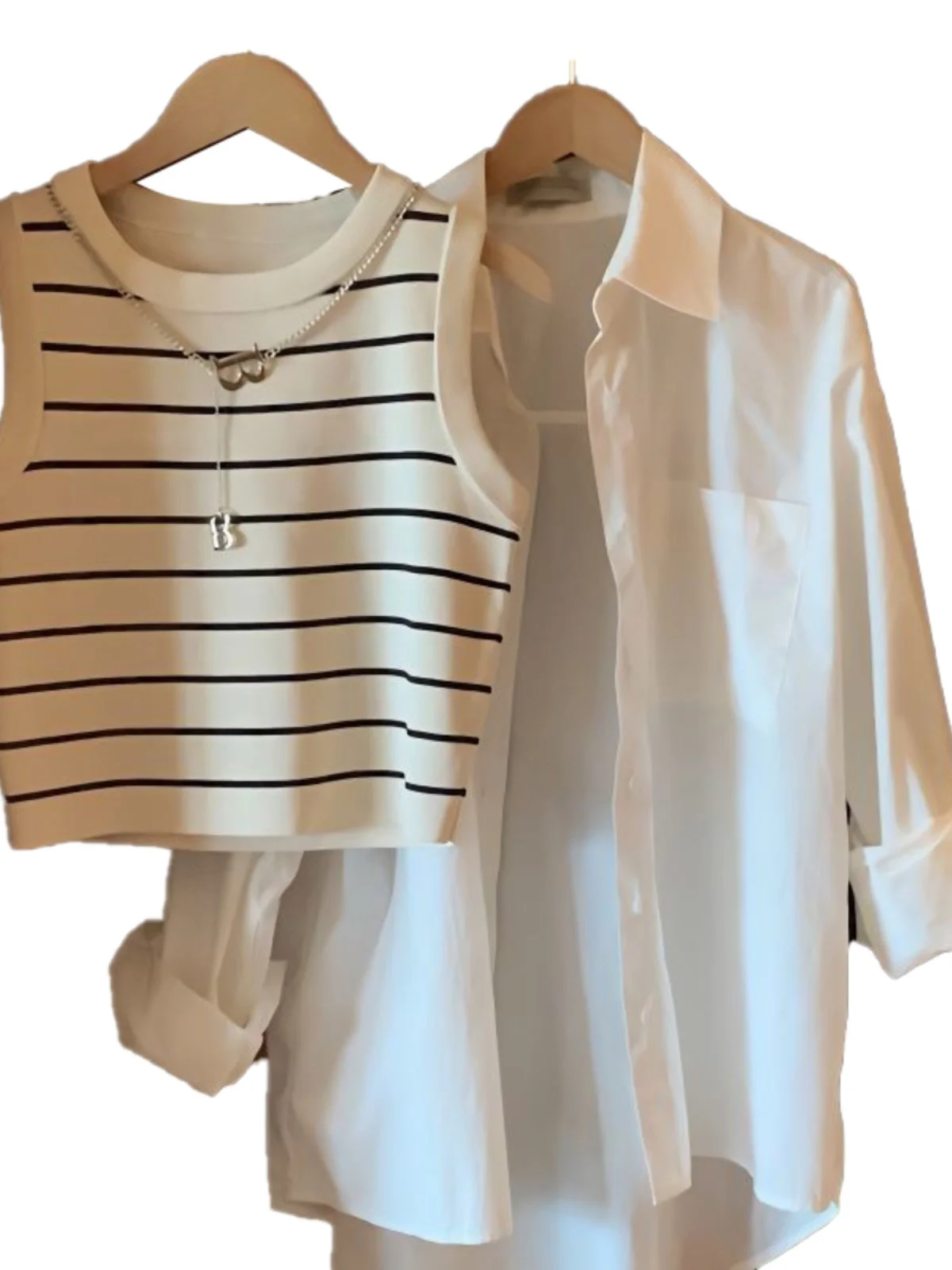 Chique mat irt en riemvestset Dameskleding Koreaanse Sle Loose Fit Lange Sve-kraag Gestreept patroon