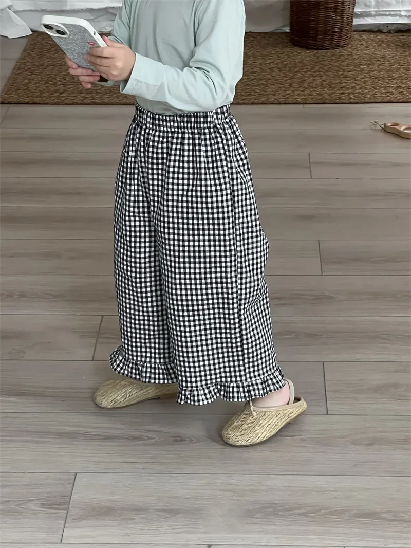 Lace Plaid Pants 2025 Spring and Summer New Korean Simple Fashion Casual Plaid Lace Pants Kids Clothes - Image 4