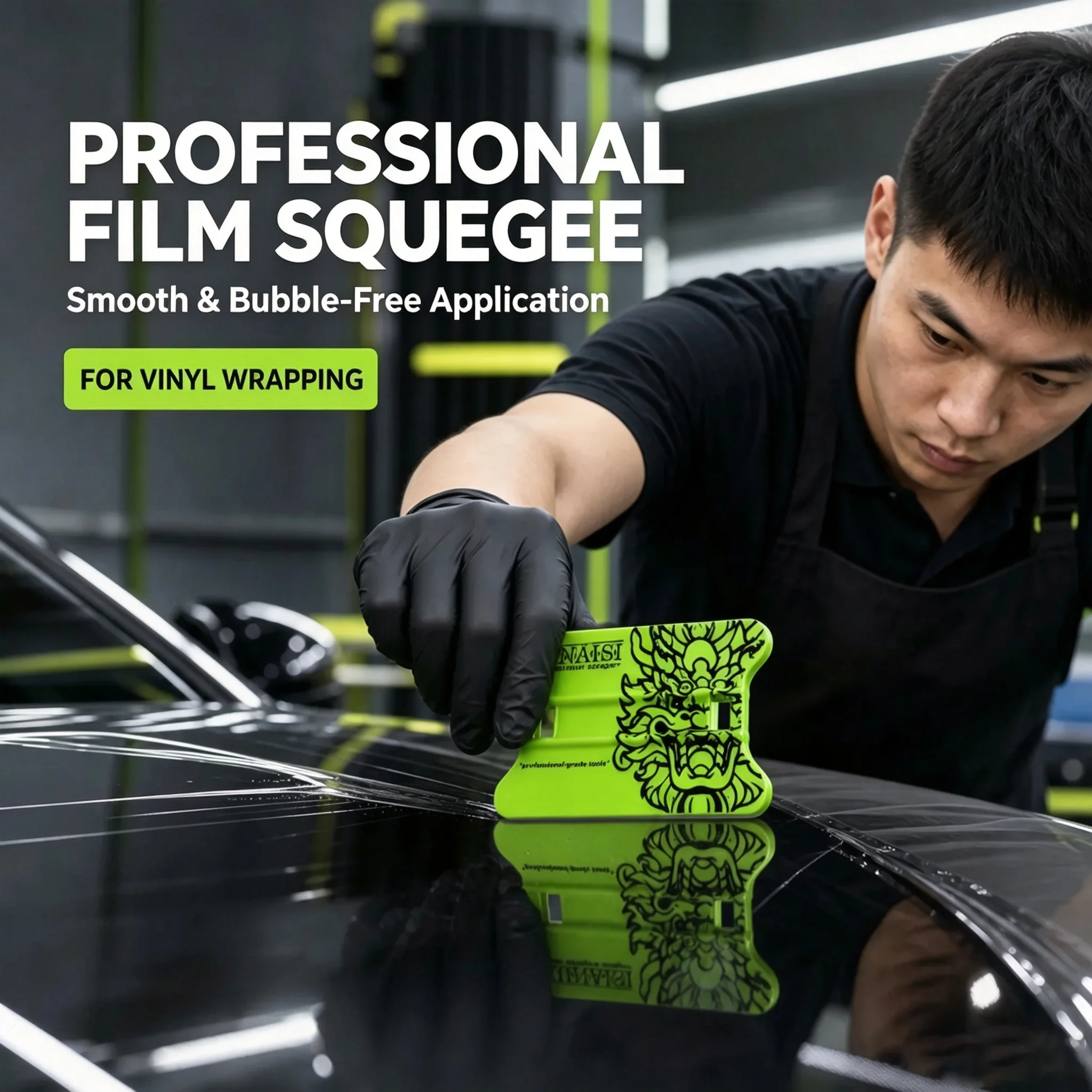 Green KUNAISI Dragon Pattern Squeegee Car Vinyl Wrap Tool PPF Window Tint Scraper Film Application Bubble Remover