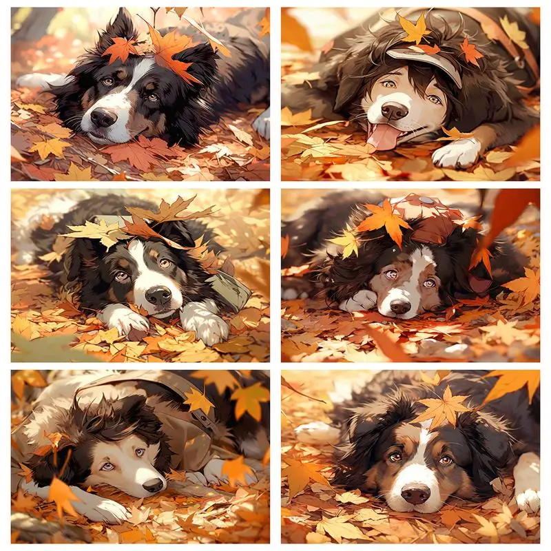 RUOPOTY Painting By Numbers For The dog lies in the fallen leaves Living room decoration