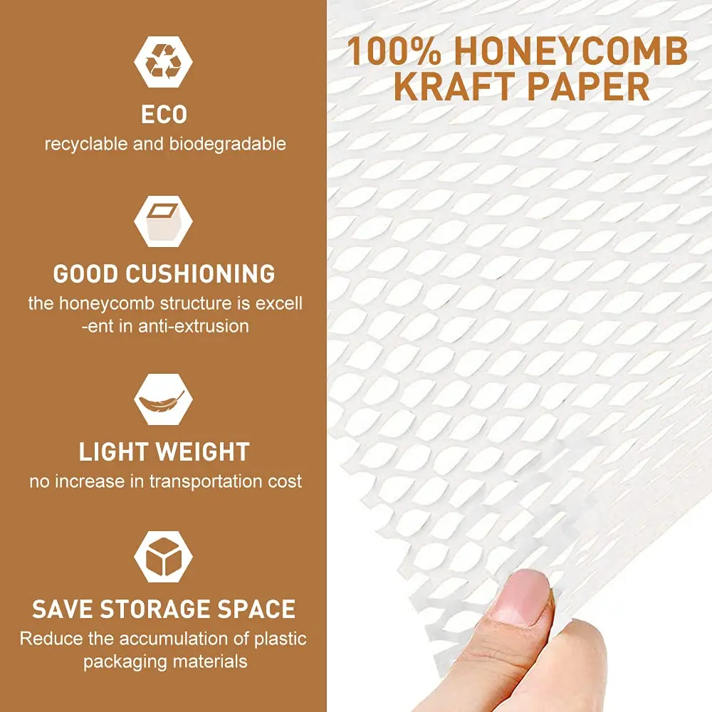 Papel de embalagem branco Honeycomb, Eco-friendly, Amortecimento Wrap Roll para mover, biodegradável, reciclável papel Kraft, 19, 6 Polegada x 9.8ft