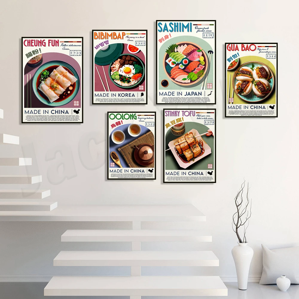 Chinese wontons, Peking duck, stinky tofu, oolong tea, Japanese sushi dumplings, Thai Tom Yum Goong, Korean bibimbap food poster