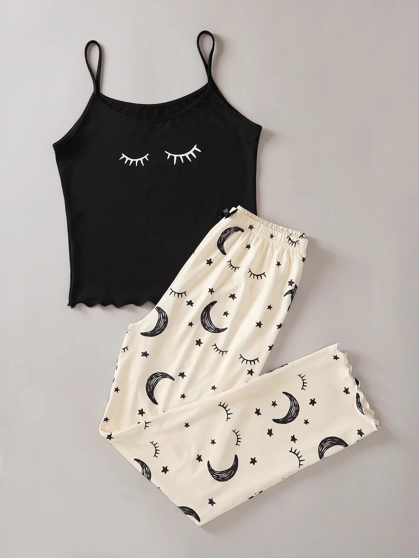 Women\'s 2pcs Cute Soft Comfy Set Moon Star Eyelash Print Sexy Sleepwear Sleeveless Trousers Homewear Pajama Set