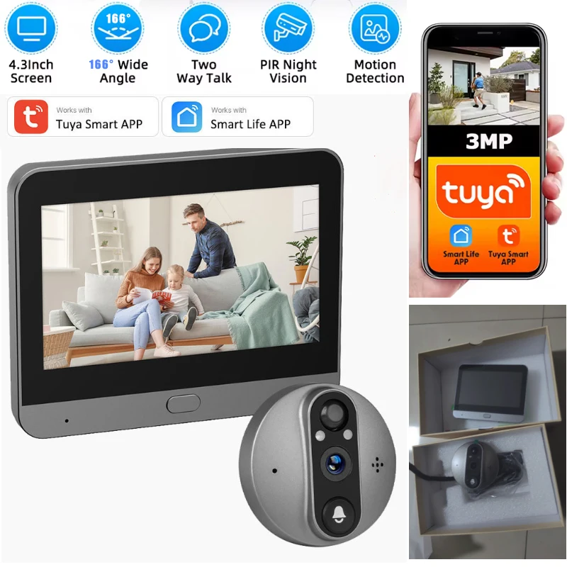 투야 도어벨 카메라 탑재 4.3인치 디스플레이 화면 PIR 모션 감지 166 °   시야각 1080P 야간 투시경 카메라