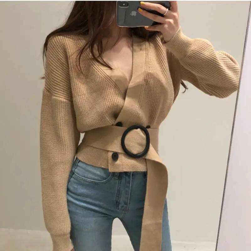 

Faionable V-Ne Knitted Cardigan Women's Slim Fit ort Sle Belted Autumn Winter Warm Cozy Sweater Trendy Hong Kong Sle