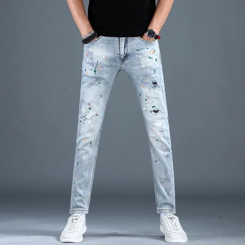 

Trendy high-end jeans men's personalized paint printing slim fit skinny stretch casual street motorcycle trousers