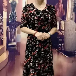 Women's Clothing Vintage Broken Flowers Dresses Summer Casual Half Sleeve Elegant V-Neck A-Line Waist Casual Spliced Long Dress