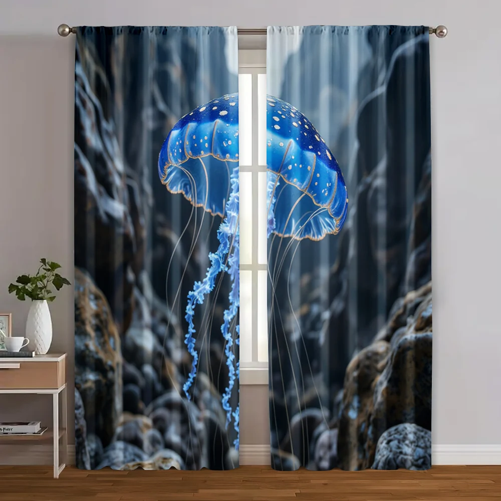 2pcs, Minimalist Curtains Modern Jelly fish Versatile Polyester Fabric (without rod) Decorations Outdoor Use for Living Room,