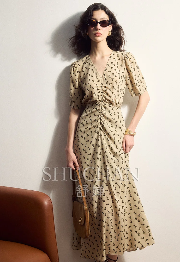 

French Coffee Break Dress, Silk Double Crepe Art Printing, Thin Waist Dress Q37477 Vestidos De Mujer Elegantes Para Fiesta