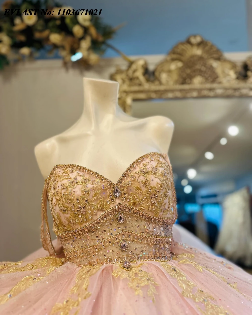 فستان Quinceanera وردي مخصص من EVLAST فستان حفلة لامع ذهبي مزين بالدانتيل مطرز مشد حلو 16 فيستدوس دي 15 أنوس SQ664