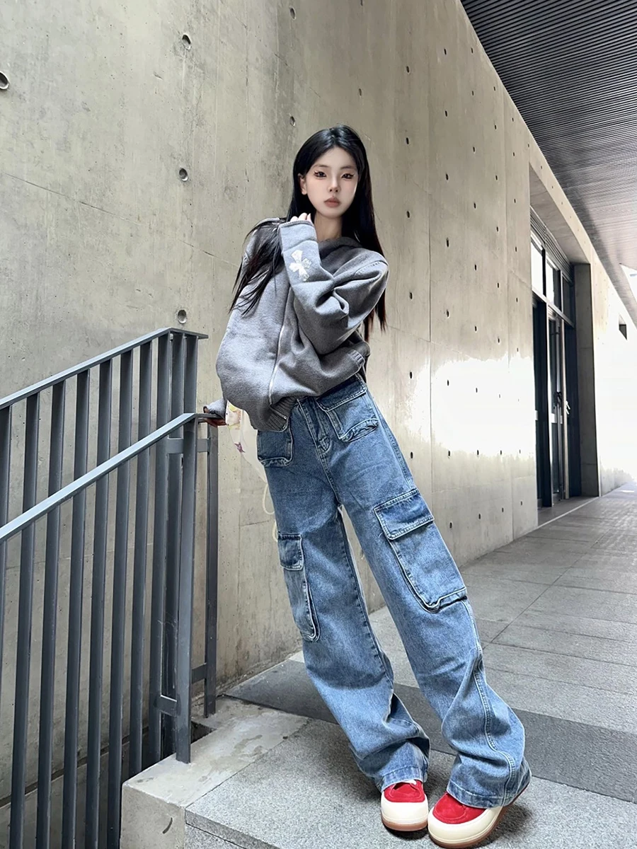 

Свободные широкие джинсы для рабочей одежды, женские американские тяжелые прямые брюки длиной до пола, повседневные джинсовые брюки