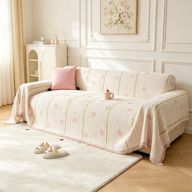 Flower Printed Fringe Sofa Towel Multifunctional Shawl Knee Blanket Suitable For Home Comfort L-Shaped Sofa Cover