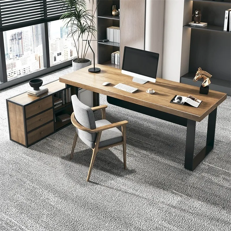 Simple household solid wood computer desk boss table single desk with cabinet workstation president