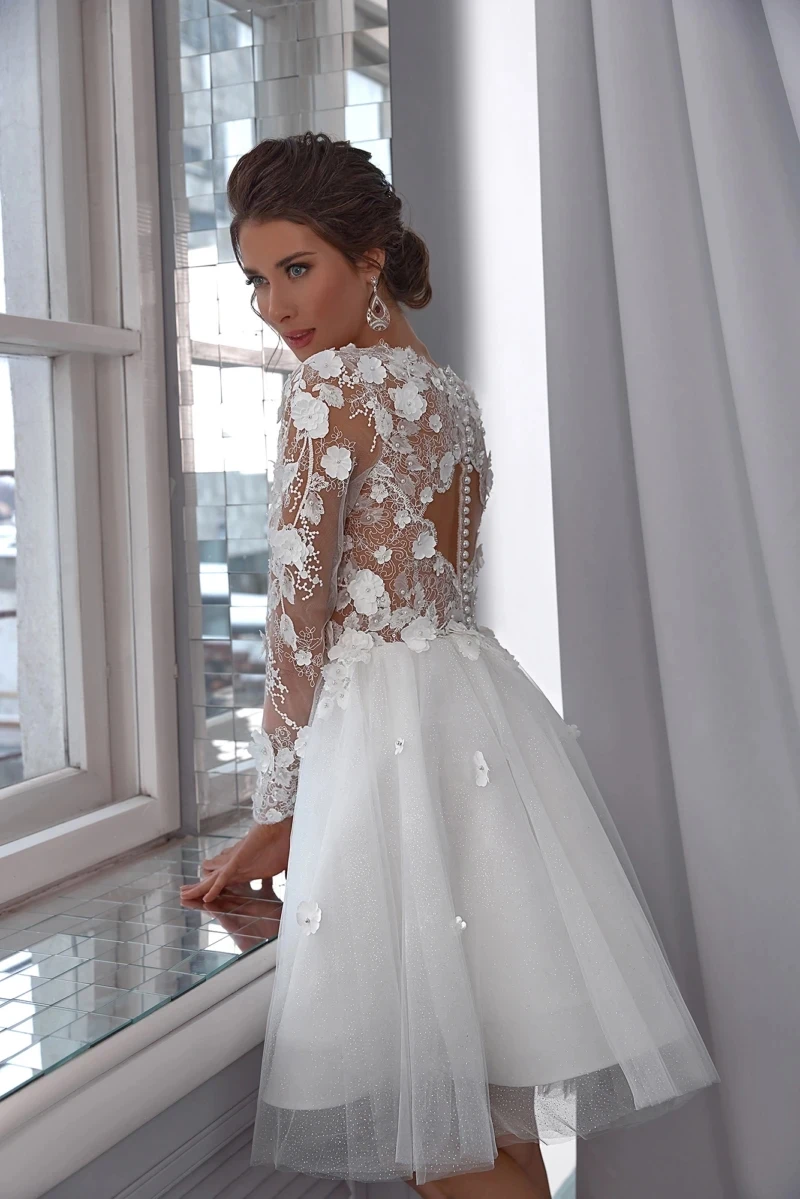 Vestido de noiva curto vintage, apliques de renda, manga comprida, decote em v, jardim, praia, novia