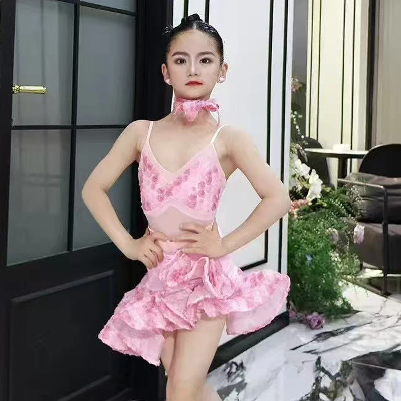 

Fashion Latin Dance Competition Costume Pink Chacha Latin Dance Dresses Children'S Stage Performance Danicng Clothes SL12848
