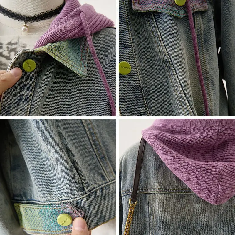 New Women's Contrasting Color Removable Hooded Denim Jacket Spring Autumn Korean Basic Jacket Fashion Female Bomber Jacket