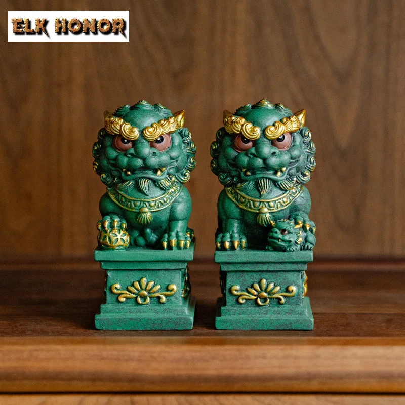 Auspicious Lions Green Sandstone Tea Pet Fortune Handmade Tea Pet Aesthetic Tea Figurine Green Tea Teaware Equipment Ornaments