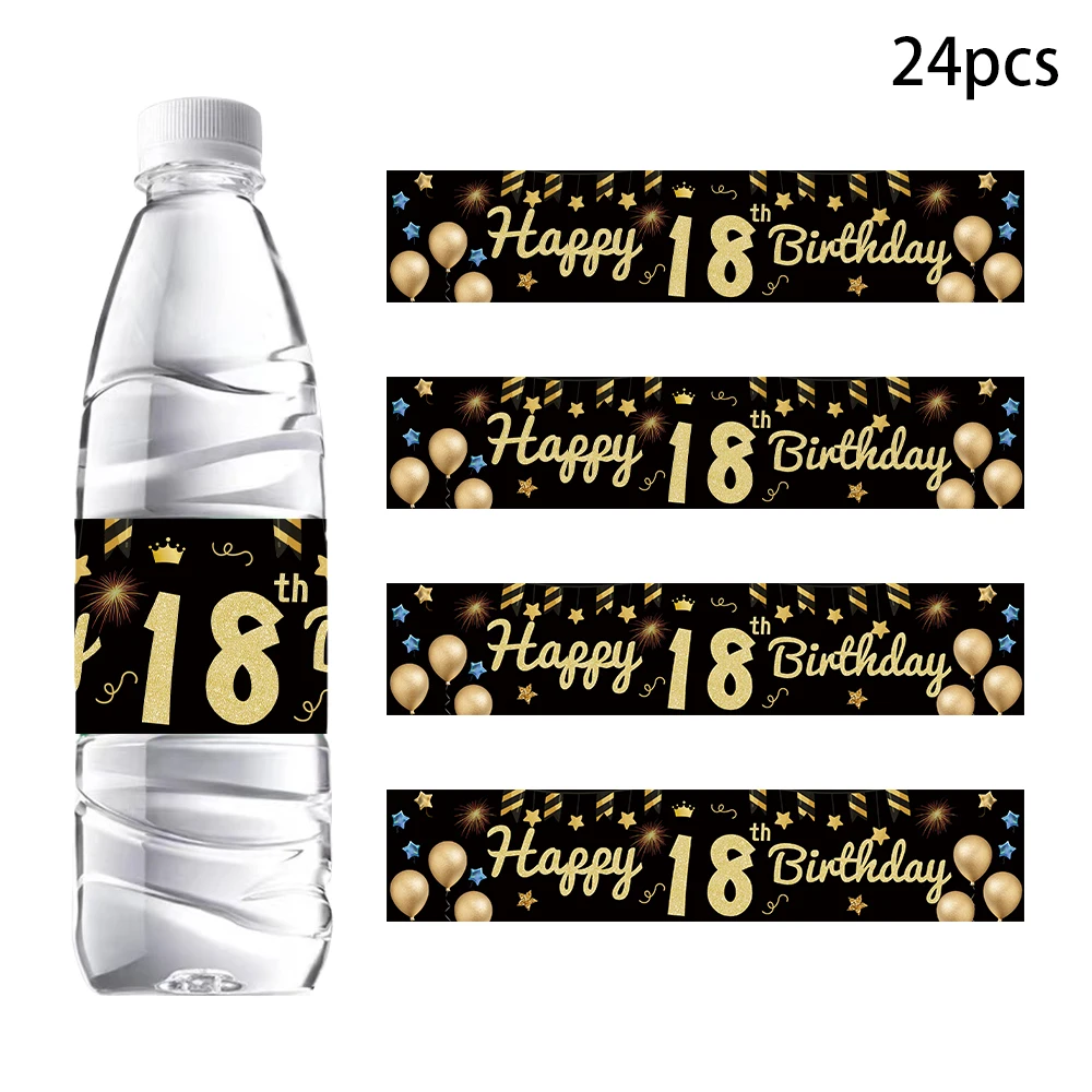 24Pcs Black Gold Birthday Bottle Sticker Happy 18 21 30 40 50 60 Years Old Birthday Party Decor Adult Birthday Party Supplies