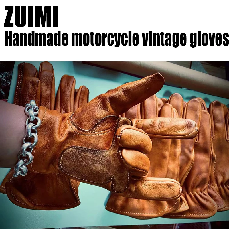 Retro Cowhide Genuine Real Leather Motorcycle Gloves Full Finger Touch Screen Race Riding Motocross Men Motorcycle Accessories