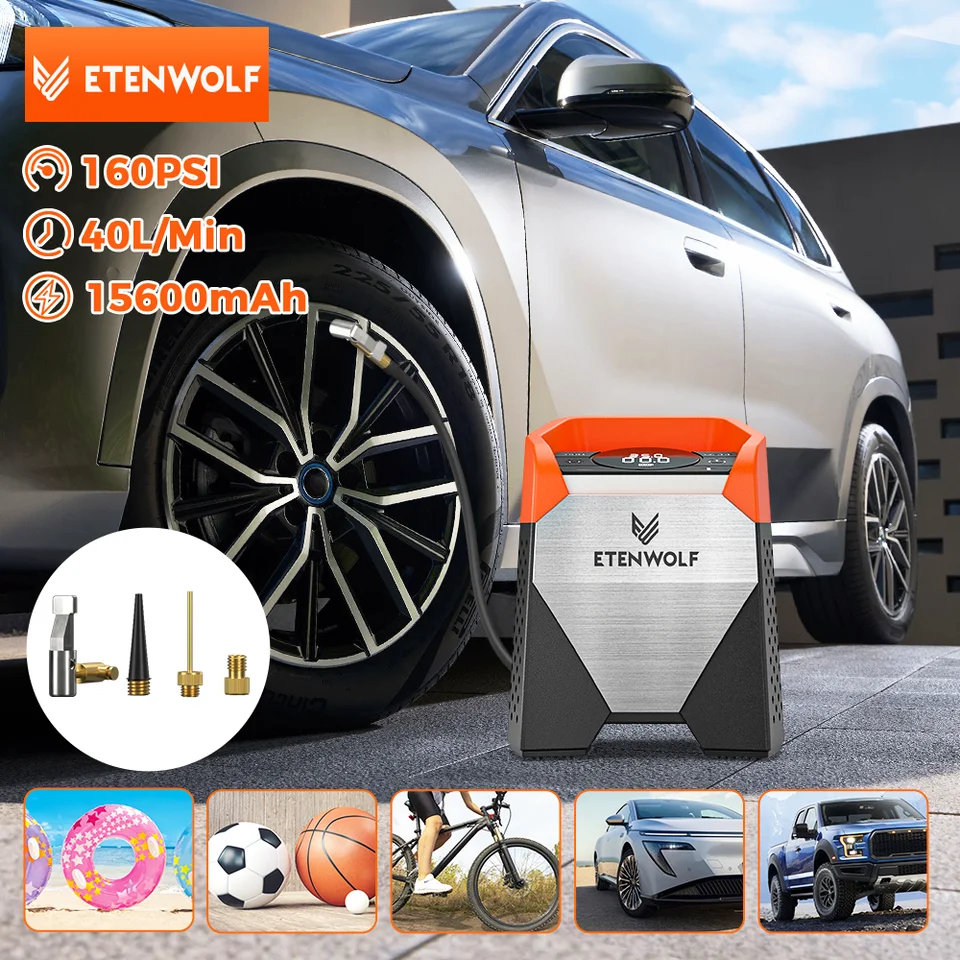 ETENWOLF ZEPHYR S3/S5C 휴대용 타이어 공기 주입기 100% 듀티 사이클 7800/15600mAh 자동차, 자전거, 공용 에어 컴프레서 (새 상품)