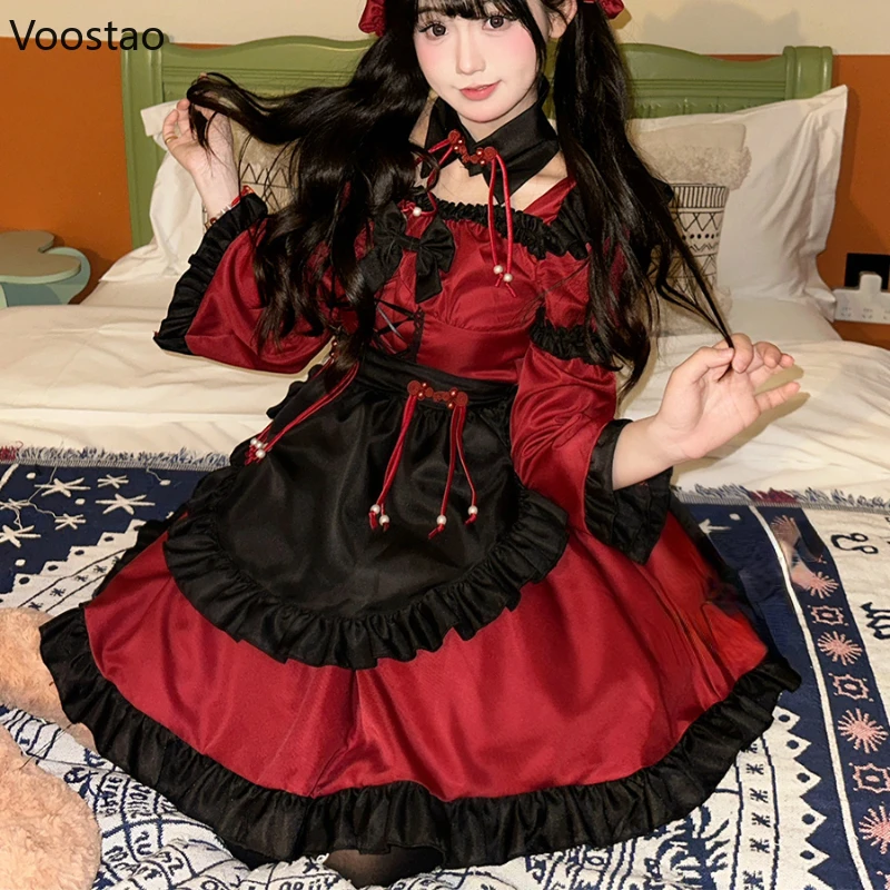 Japanische gotische lolita kleid frauen harajuku bogen maid kleider mädchen vintage y2k kleiner teufel cosplay halloween party mini kleid