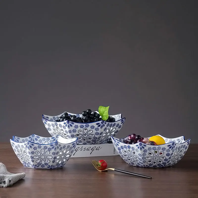 

Винтажная сине-белая фарфоровая керамическая тарелка с выдолбленными фруктами для гостиной, кухни, тарелка с фруктами и закусками, украшение для дома
