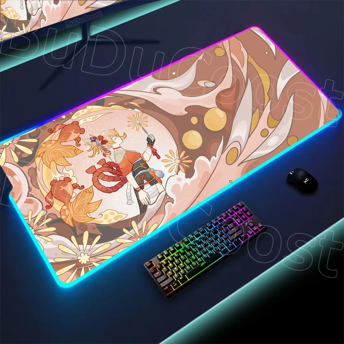RGB Genshin Impact HD Locking Edge Ayaka Kokomi Mouse Pad LED Table Mat Backlit Gaming Accessories Aesthetic Decoration Desk Rug