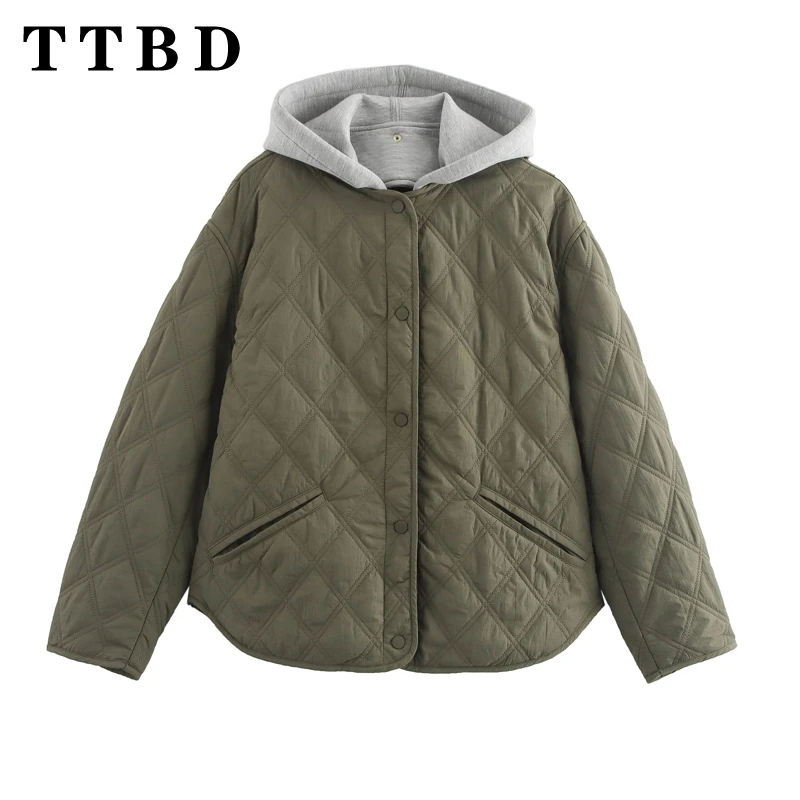 

TTBD 2024 New Winter Ladies Fashion Oversized Diamond-shaped Plaid Jacket Green Coat Cozy High Street Style