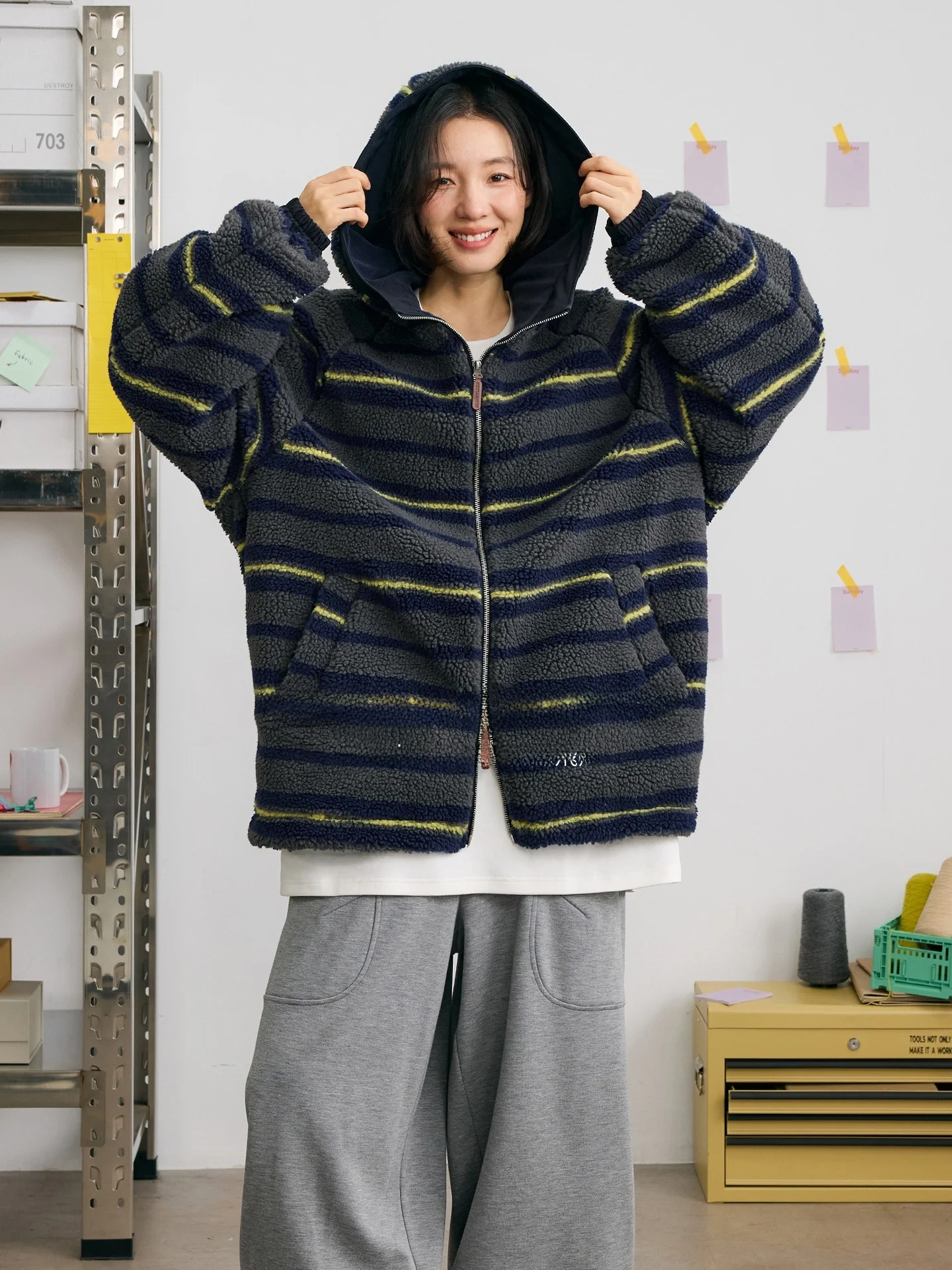 

Lambskin Faux Fur Thiened Hooded Jaet Stripe Embroidery Loose ape "Blueberry Pie" Patterned Outerwear by Deer And Fly Bird