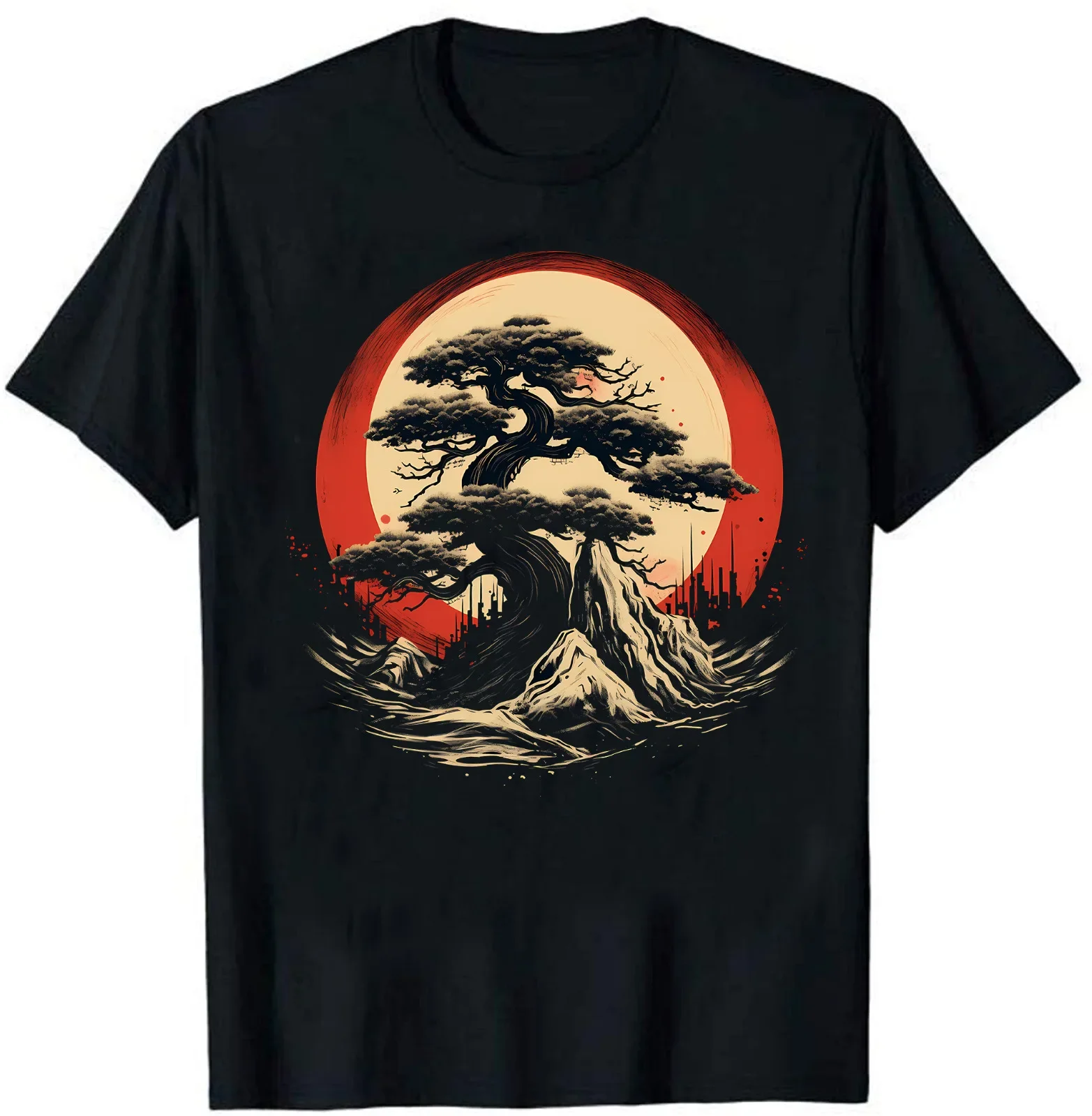 Bonsai Tree In Japanese Zen Buddhist Red Circle T-Shirt Size S-5XL