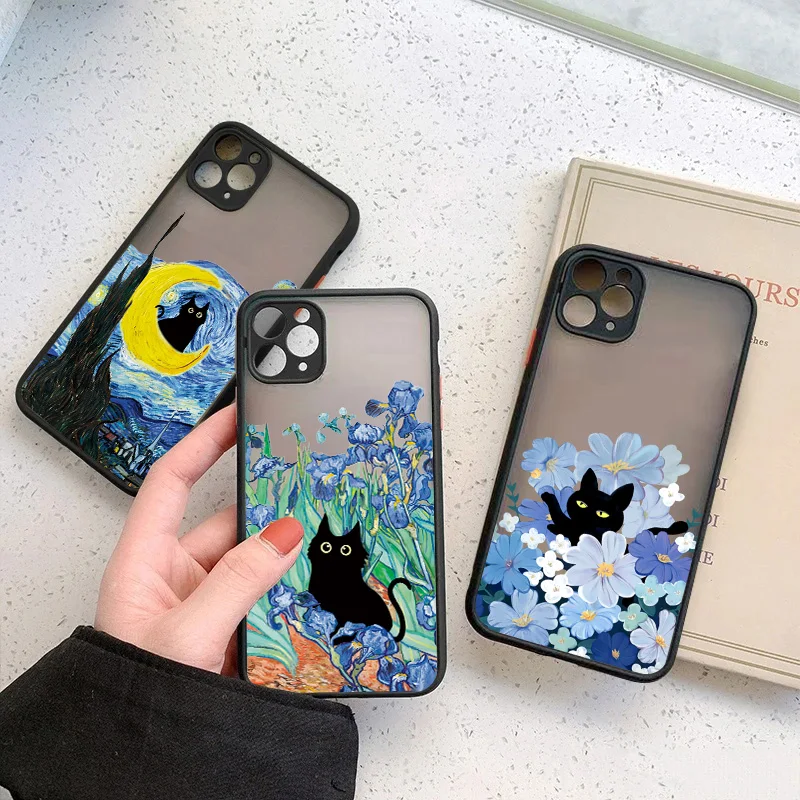 Oil Painting Van-Gogh Cat Phone Case for iPhone 15 14 Pro Max Plus 11 12 13 Pro Max XR X XS 8 7 Plus SE 2020 Hard Matte Cover