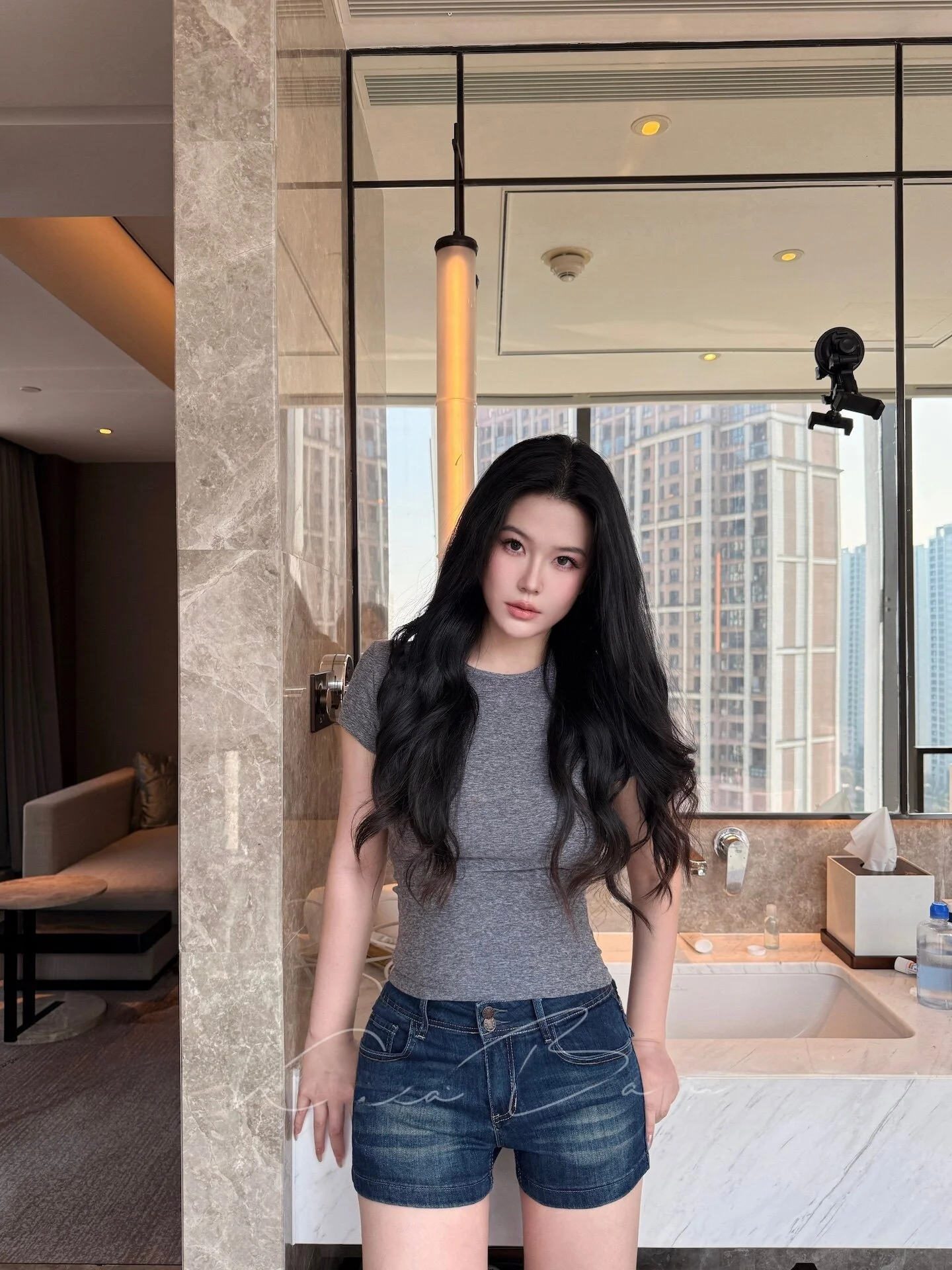 

High Waist Flared Hip Denim Pants Double Buckle Elastic Slimming Vintage Washed Wrap Hot Pants Women Cotton Stretch Denim